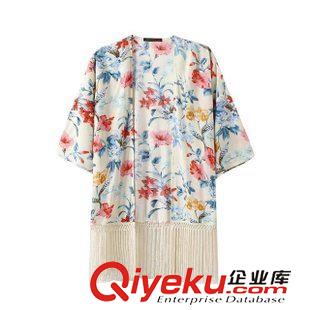 2015年7月17上新 2015初秋女装新款  欧美风休闲时尚人棉印花流苏和服开衫外套