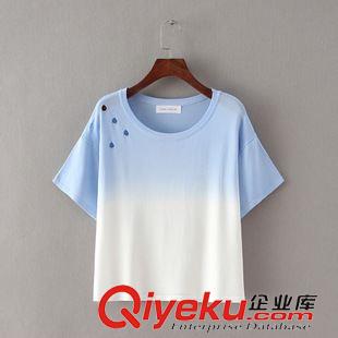 2015年7月9上新 2015夏季女装新款  韩版时尚渐变撞色圆领短袖弹力针织T恤