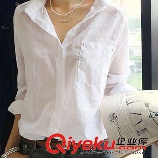 未分类 2015韩国代购文艺范小清新白衬衫 女 长袖燕尾棉混纺衬衣
