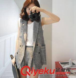 8-8 2015初秋女装 时尚显瘦亚麻马甲韩版外套两件套小香风休闲套装