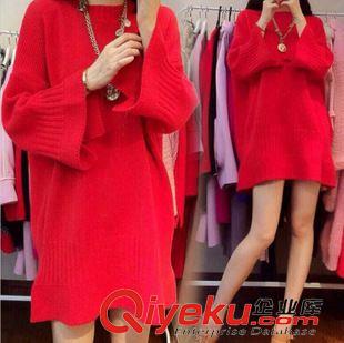毛衣 东大门欧洲站2015秋装新款喇叭袖中长款大码红色毛衣针织连衣裙