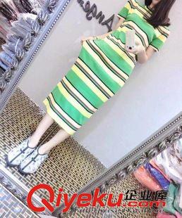 连衣裙 2015夏季新款女装彩色条纹圆领短袖修身针织长裙气质连衣裙