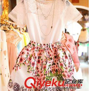 时尚套装 2015新款韩国代购dp欧根纱蕾丝雪纺衫桃花蓬蓬两件套连衣裙套装