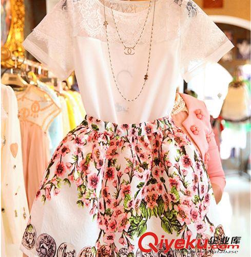 时尚套装 2015新款韩国代购dp欧根纱蕾丝雪纺衫桃花蓬蓬两件套连衣裙套装