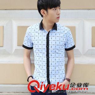 衬衫 男装格子短袖时尚韩版修身拼接格子休闲纯棉衬衫