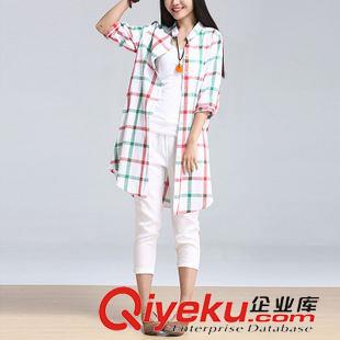 大码专区 2015韩版 大码女装 休闲文艺范彩色格子中袖棉麻 衬衣