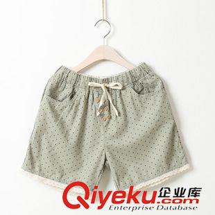 8.4新款 少女情怀  小清新波点拼接花边刺绣可收腰系带休闲短裤女 森女2色