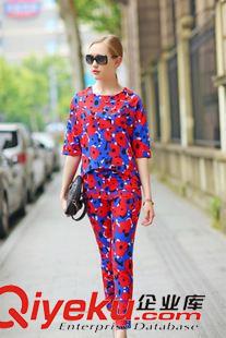 15-6月1-5 时尚夏装新款 女红蓝花朵印花中袖T恤+九分裤两件套装4FF-6.078