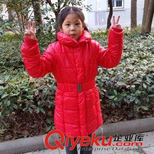 未分类 冬装新款韩版专柜女童面包领大红色长款带腰带中大童棉衣