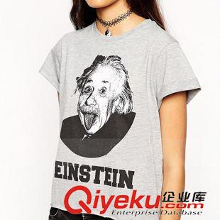 7.9号新款 亚马逊wish热销 新款爱因斯坦搞怪头像印花T恤字母短袖上衣