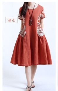 9月1号新款 2015夏季新款韩版大码女装拼接印花棉麻中长款短袖连衣裙