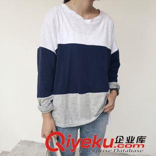 8月12 NEW! 初秋新款2015韩版三色拼接条纹撞色宽松圆领套头长袖T恤