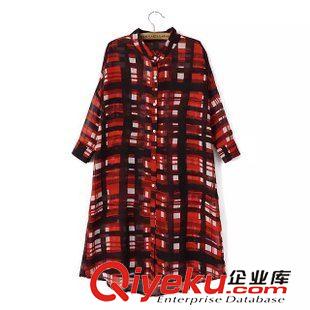 25号新款 LAaC5425    2015新款欧美风红色格子雪纺防晒衫 女士长款衬衫