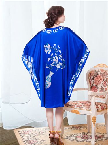 2015新款 新款真丝手绘睡裙套装中国元素青花瓷宝蓝大码宽松睡裙一件代发