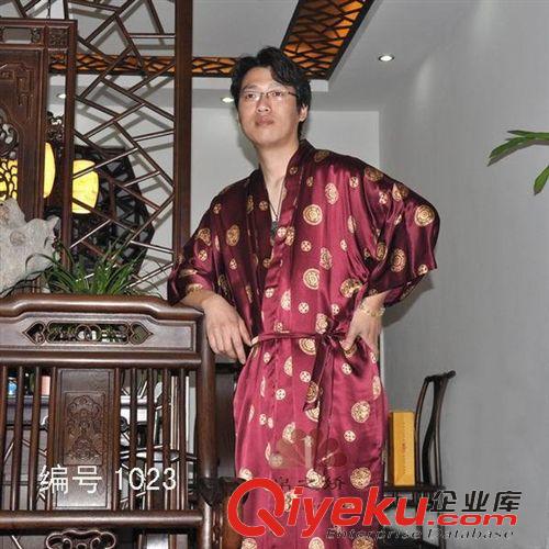 真丝男士睡袍 厂家批发zp开衫桑蚕丝睡袍无领印花藏青色和服式系带睡袍男