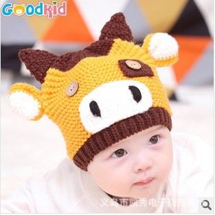 儿童帽 批发时尚婴儿保暖帽乖孩子儿童新款可爱小牛毛线帽动物保暖针织帽