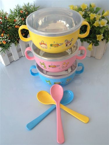 2013新商品发布区 带手柄带盖子宝宝专用不锈钢碗，卡通隔热碗 不锈钢吃饭碗TZ-8817