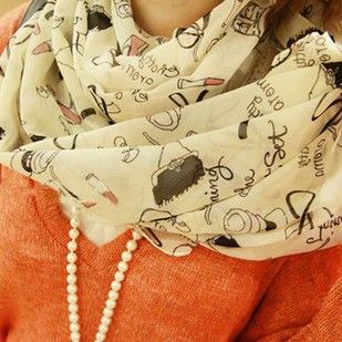 围巾系列 【淘货源】女 秋冬口红高跟鞋雪纺长款围巾可爱涂鸦纱巾批发