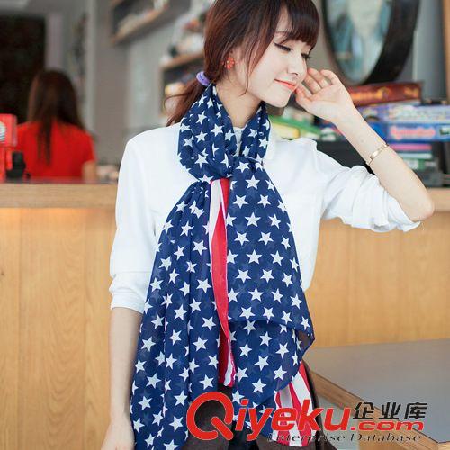 围巾系列 新款 时尚超长超大条纹星星美国国旗图案丝巾女