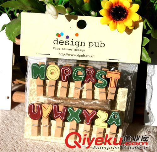 可爱文具 韩国文具装饰 木制英文字母小夹子 照片小木夹子 麻绳套装14个/包