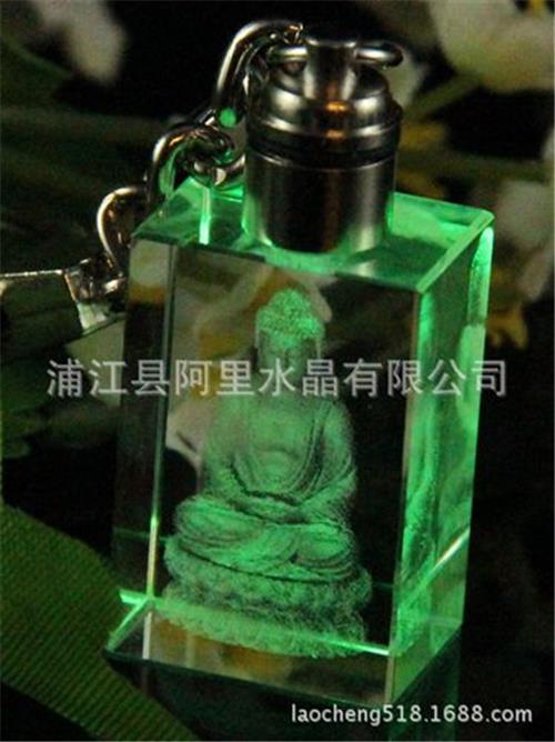 水晶内雕 晶韵厂家佛教礼品水晶内雕钥匙扣带LED灯批发定制