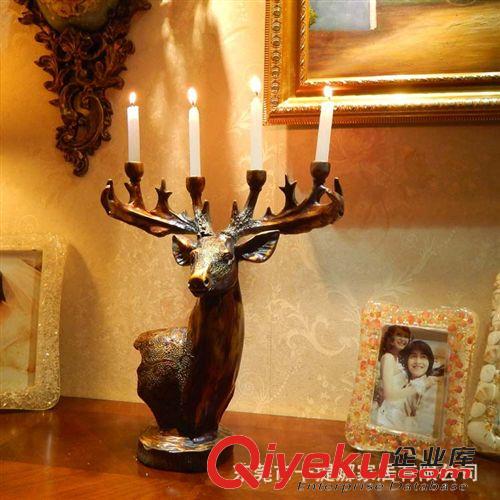 按购买用途分类 《卡提娜》美式复古金色 鹿头鹿角四支蜡烛台工艺品摆件