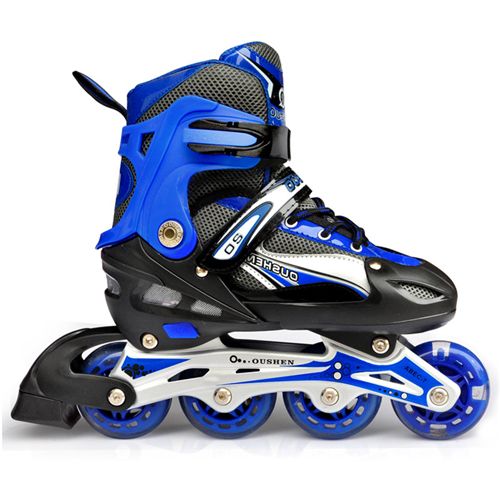 轮滑鞋 溜冰鞋轮滑鞋zp儿童成人可调码直排轮旱冰闪光PU轮彩蓝单鞋