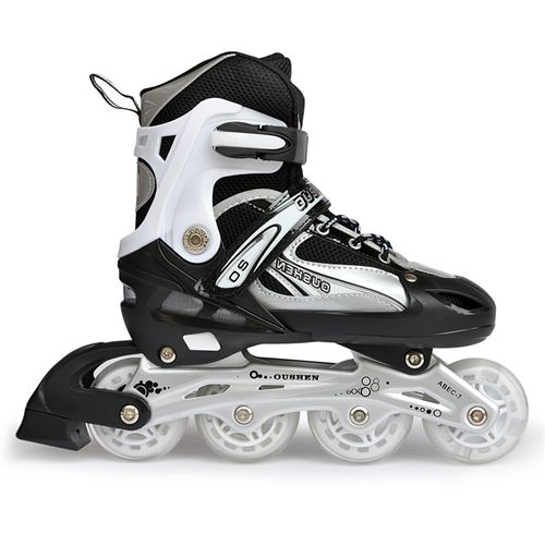 轮滑鞋 溜冰鞋轮滑鞋zp儿童成人可调码直排轮旱冰闪光PU轮黑银单鞋