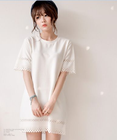 【2015】3月份 2015春夏新款韩国 NEW ARRIVAL 雕花镂空纯色简约蕾丝连衣裙
