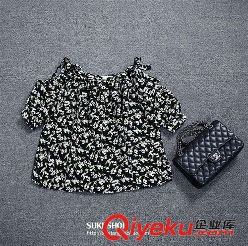 SU KI 2015夏季新品女装 时尚韩国甜美气质露肩系带碎花雪纺上衣雪纺衫