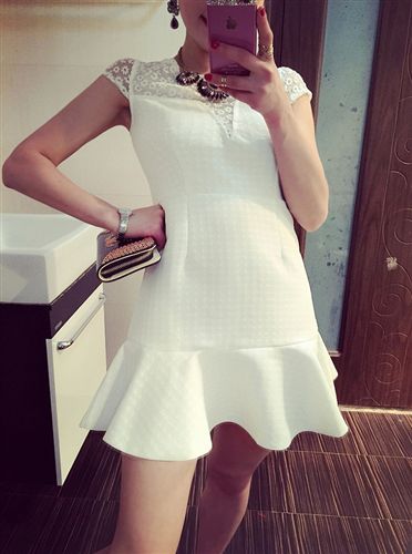 ONLY  YOU 2015韩版夏季新款 短袖刺绣拼接蕾丝修身荷叶边连衣裙女 好质量