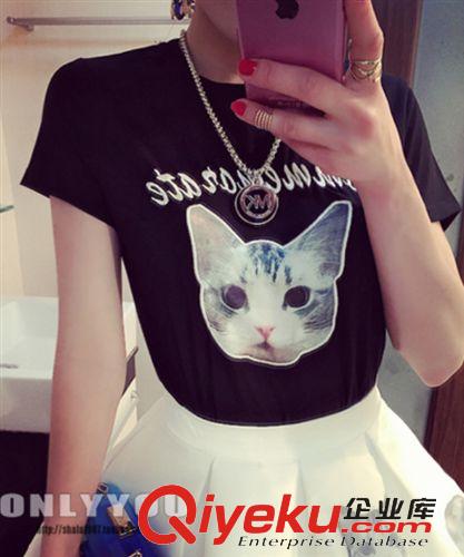5月新款更新 2015女装夏时尚可爱猫咪印花短袖T恤+欧根纱蓬蓬半身裙套装女