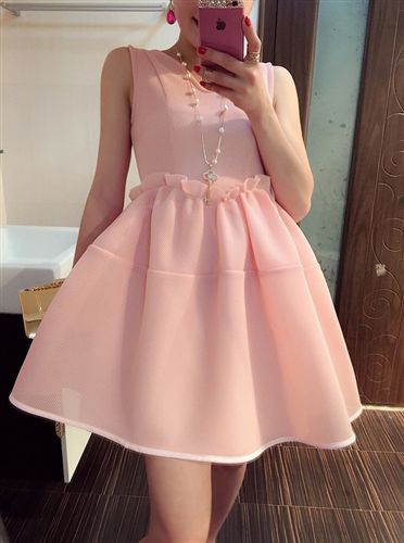 5月新款更新 韩版新款 优雅气质 2015夏装 无袖V领百褶连衣裙粉 好质量