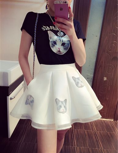 888 2015女装夏时尚可爱猫咪印花短袖T恤+欧根纱蓬蓬半身裙套装女