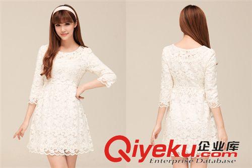 连衣裙 2015新款女装 白色蕾丝 韩版修身七分袖连衣裙