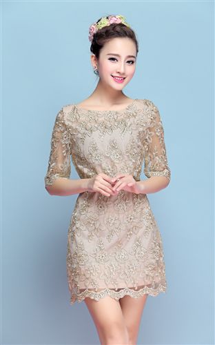 连衣裙 2015春夏新款女装 韩版气质修身中袖打底裙时尚金线蕾丝连衣裙女