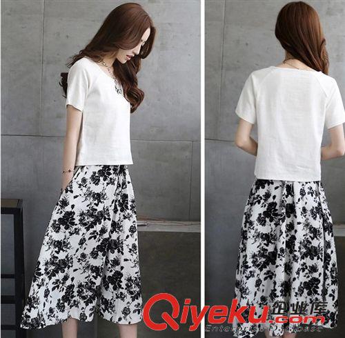 2015.5月新款第三期 2015夏韩版棉麻短袖两件套中长款印花连衣裙套裙女装