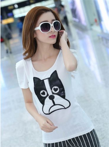 【衣梦】上衣 2015夏装新款韩版圆领时髦拼皮小狗图案T恤 时尚修身短袖上衣女潮