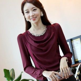 4月26日新款 秋装韩版女装圆领珍珠雪纺衫 修身大码长袖打底衫T恤3057