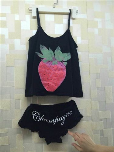 外贸专区 莫代尔女睡衣套装 夏季可爱性感草莓印花吊带花边短裤家居服1018