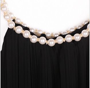 爆款推荐 夏装新款 日系白色珍珠挂脖吊带雪纺连衣裙 宽松百褶裙 3008