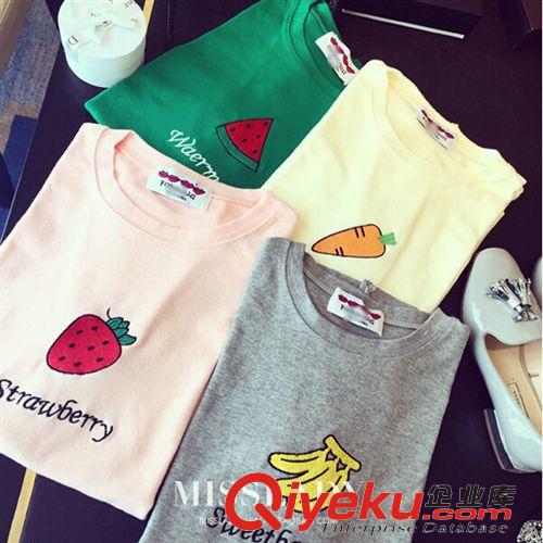 爆款推荐 2015春夏新款 韩国 可爱水果刺绣糖果色宽松短袖T恤 女653