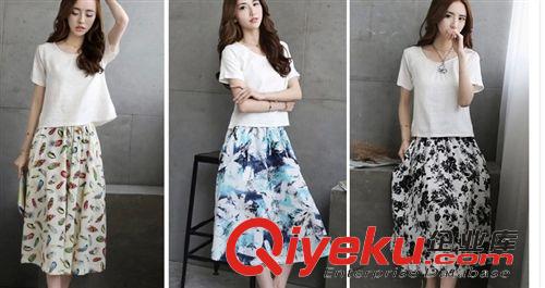 5月新款第三批 2015夏季韩版新款女装棉麻两件套连衣裙复古中长款套装裙 女套装