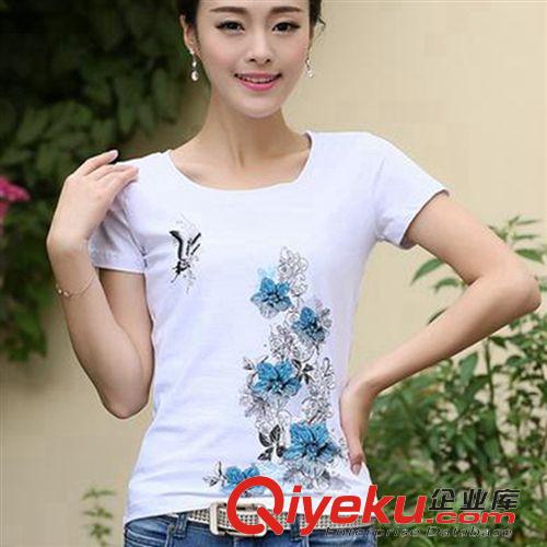 夏季爆品 新款2015夏装韩版女印花大码t恤 白色短袖t恤女多种图案拼款