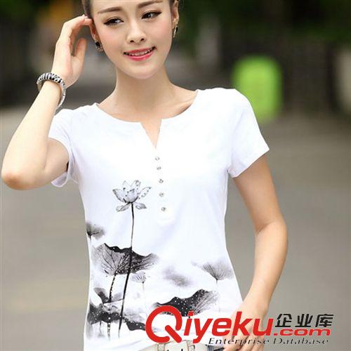 打底上衣 新款2015夏装韩版女印花大码t恤 白色镶钻短袖t恤女
