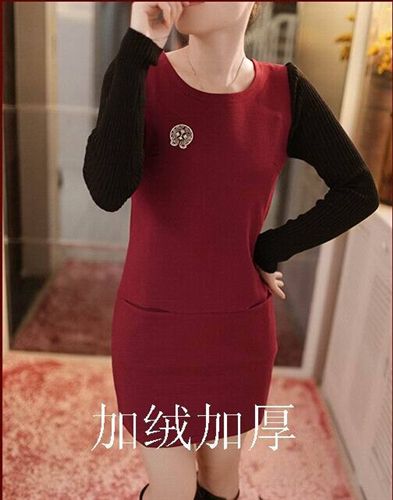 裙子（连衣裙、半身裙） 2014秋冬新款韩版女装加厚修身长款上衣加绒长袖打底衫连衣裙