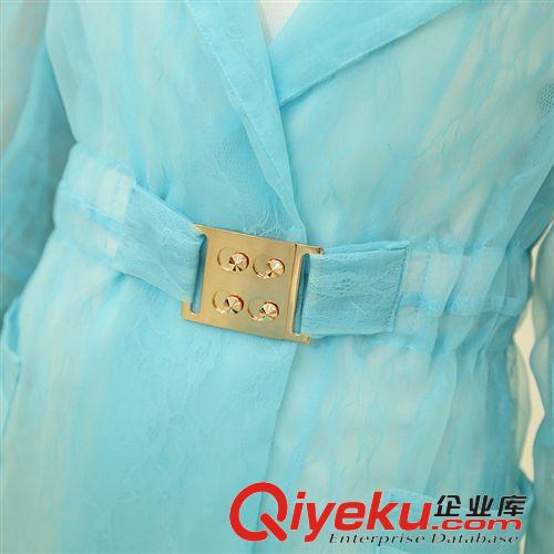 新品上市 2015夏装女装防晒衣拼接网纱刺绣中长款蕾丝配腰带防紫外线外套