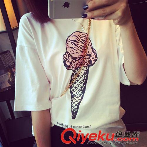 店铺热销 2015夏季韩版新款可爱印花冰激凌短袖T恤 潮女上衣