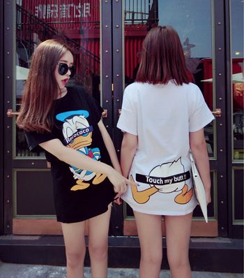 5月新款 现货批发2015夏季新款韩版卡通动漫唐老鸭中长款短袖T恤 女