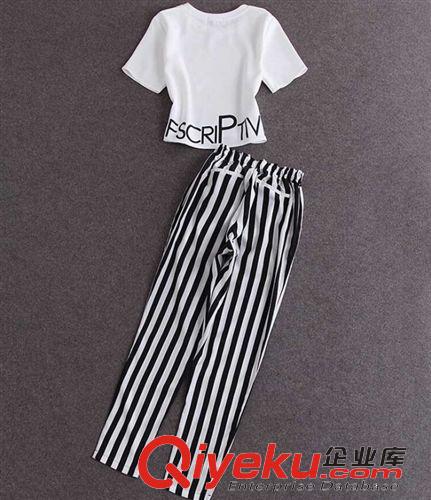 裤子 一件代发 韩版字母印花 短袖T恤上衣+条纹哈伦裤套装GTQU-OPEQ